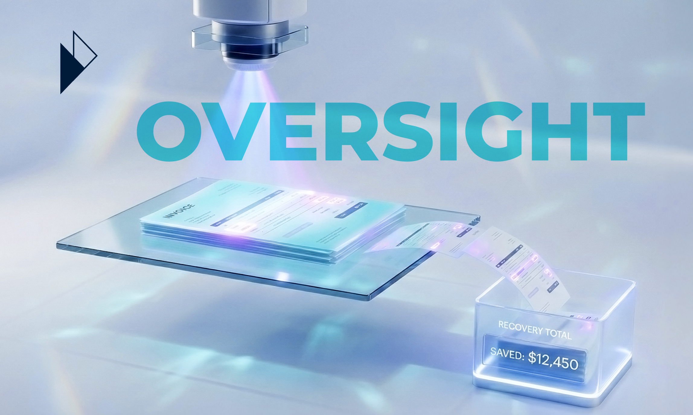 3D scanner labeled OVERSIGHT processing invoice stack, showing digital readout RECOVERY TOTAL SAVED: $12,450.