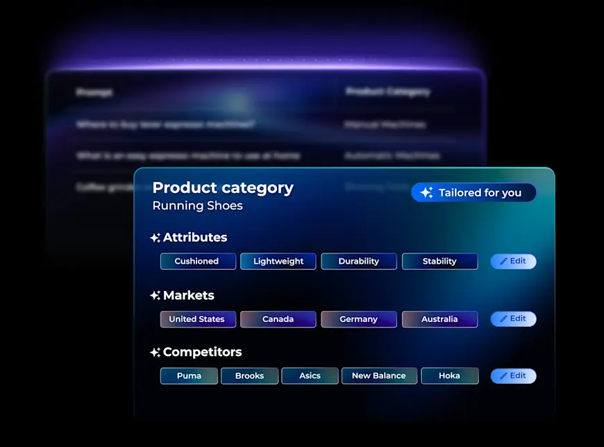 An "Easy Set Up" configuration modal for AI Commerce Visibility. The interface allows a user to define a product category, such as "Running Shoes," and customize specific attributes (Cushioned, Lightweight), target markets (USA, Canada, Germany), and direct competitors (Puma, Brooks, Asics) to tailor the data analysis.
