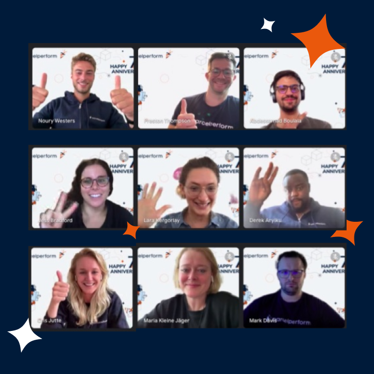 Screenshot of Parcel Perform team members on a video call, waving to the camera.