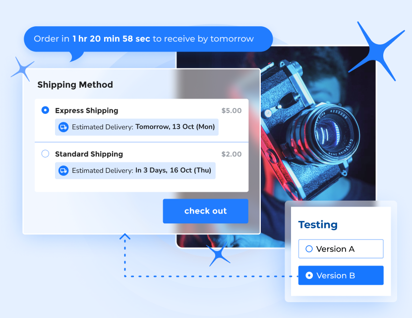 Parcel Perform Checkout Experience interface showing A/B testing capabilities for checkout shipping methods