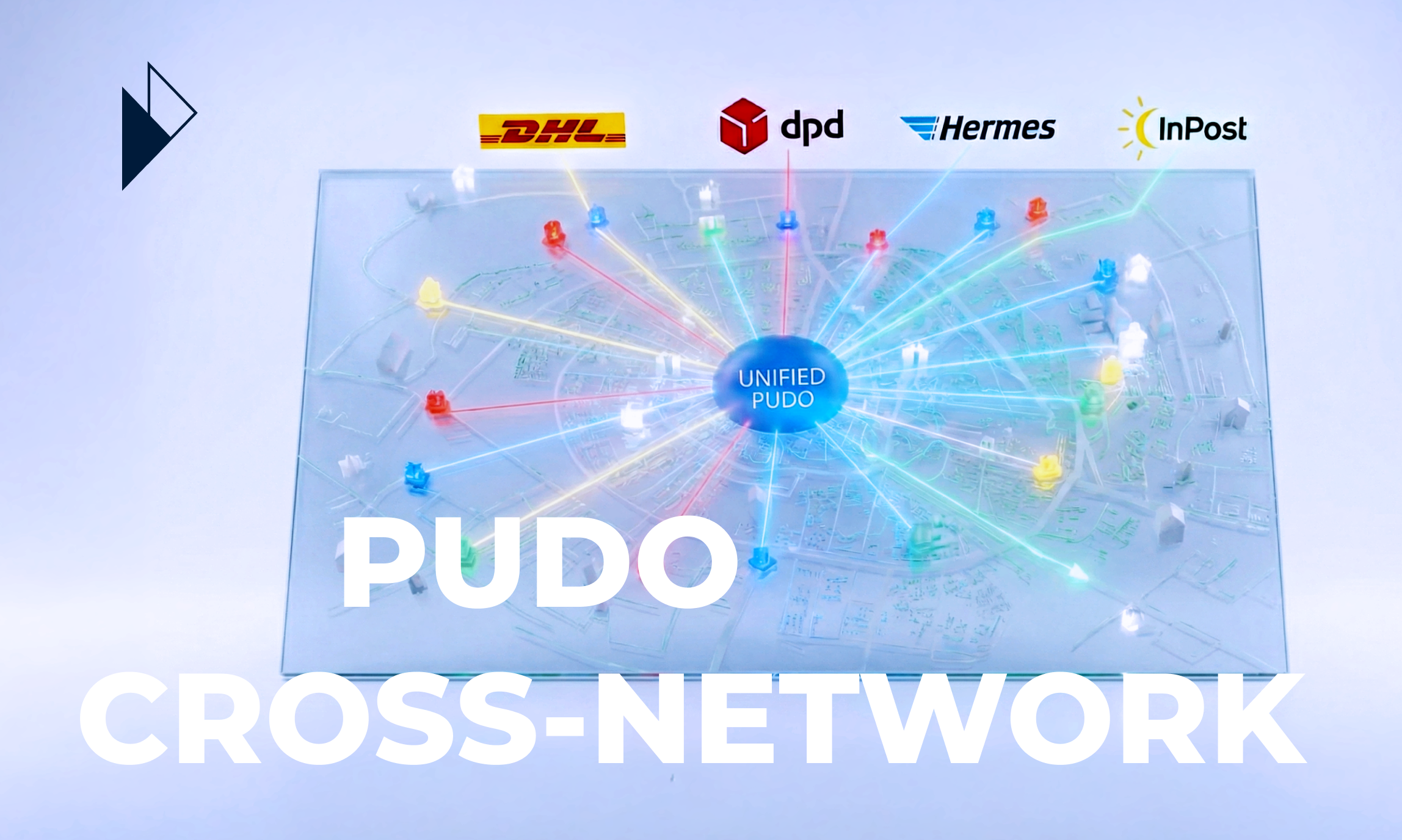 Map displaying DHL, DPD, Hermes, and InPost logos connected by light beams to a central blue Unified PUDO node.