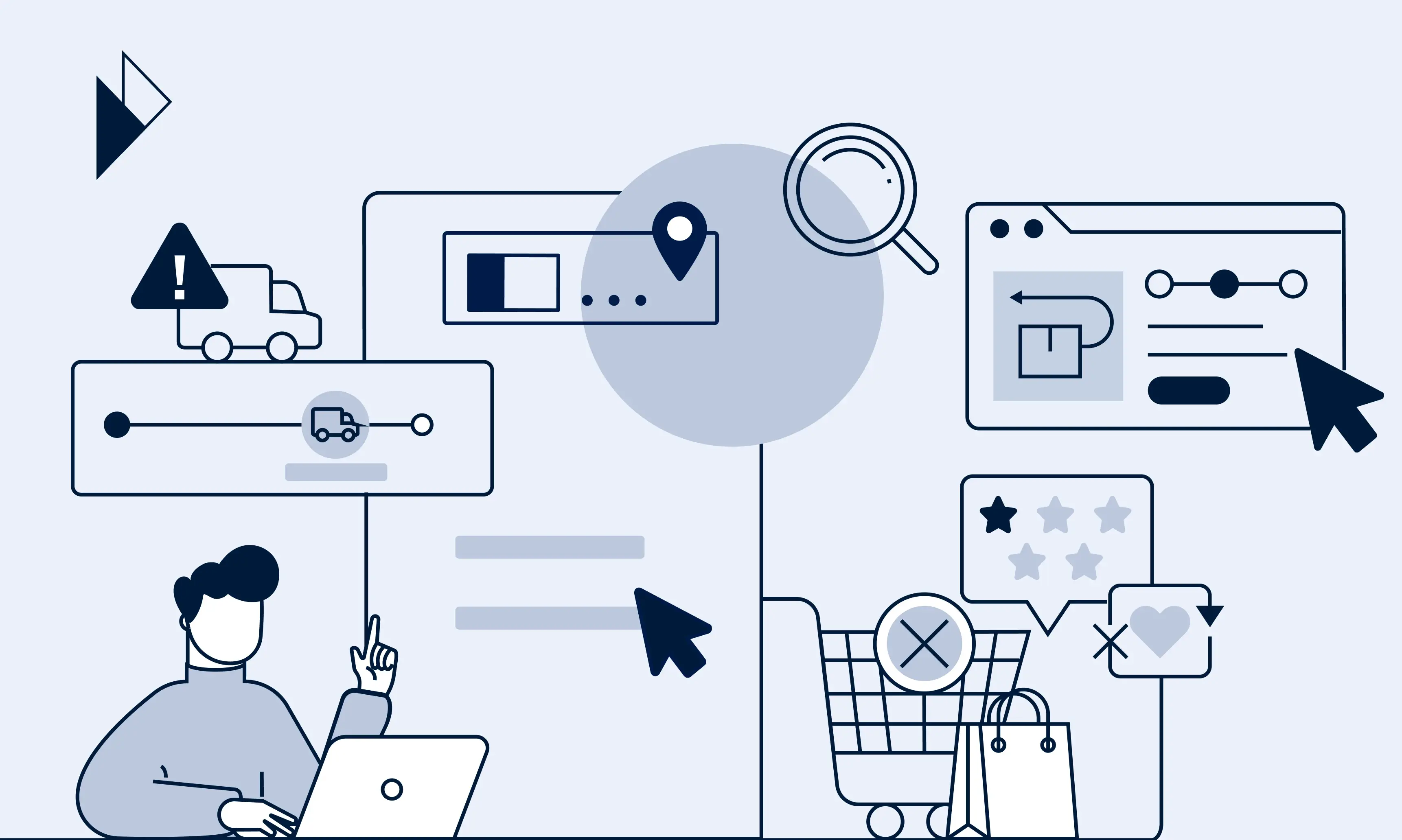 The image is an abstract image that displays the basic elements that comprises a delivery process. We have trucks, an online shopper, self-service order tracking window and shopping cards, delivery experience ratings, and the Parcel Perform logo. The topic is why merchants should use a single platform to fully manage their e-commerce logistics operations. Because a single platform has the data, and the tools necessary to oversee the entire frontend and backend process of post-purchase experience, or as Parcel Perform would like to call it, the delivery experience. 