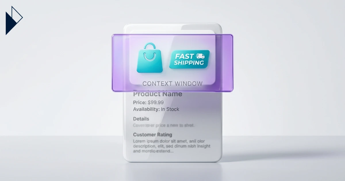 A purple pane displays AI Context Window Optimization for E-Commerce Developers over a glossy white card on a light surface.
