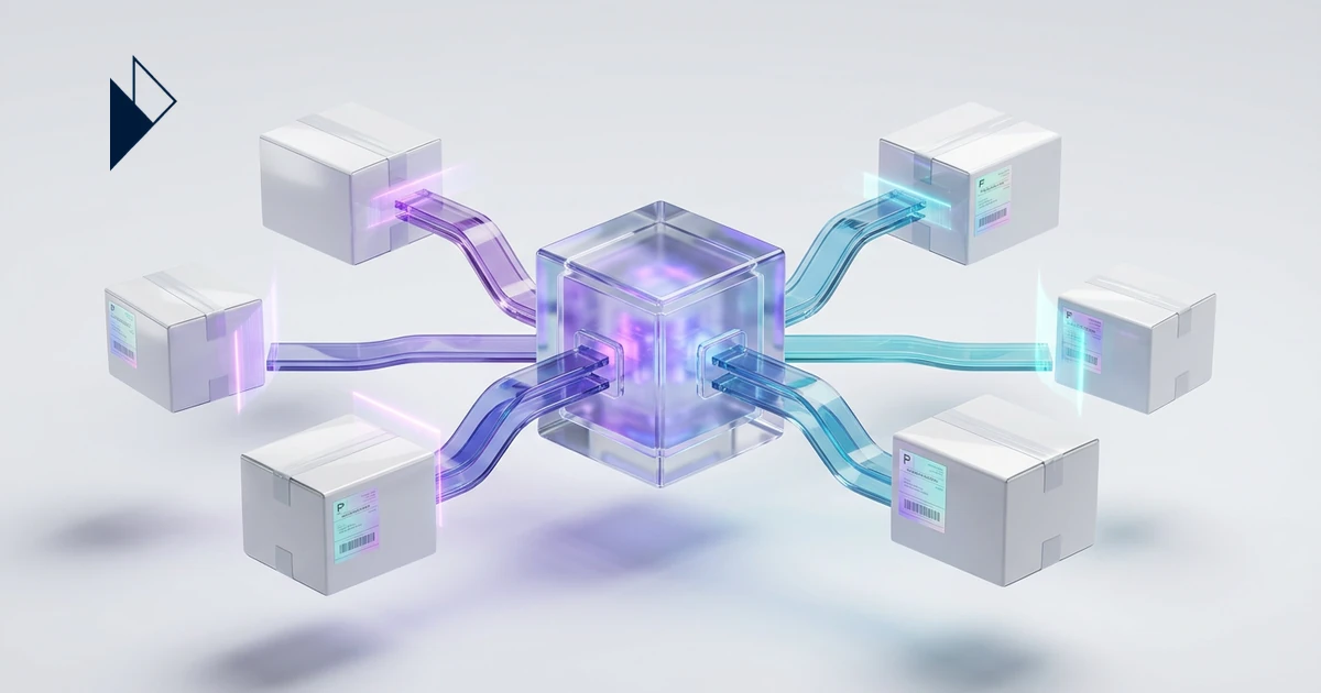 AI Order Management: Real-Time Rerouting for E-commerce: a glowing central cube links several white boxes via bright purple a