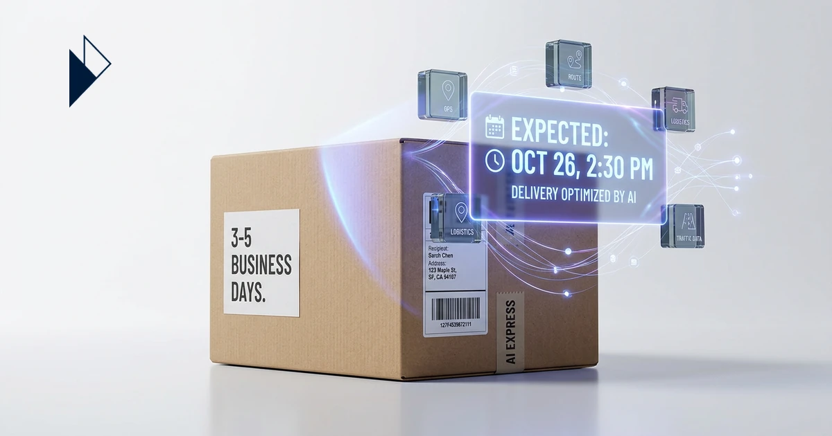 A brown box features a holographic display showing AI-optimized delivery details, embodying AI Personalization: Transforming