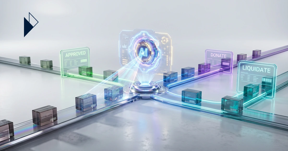A futuristic AI Returns Management system efficiently triages and routes e-commerce returns fast, with glowing labels sorting
