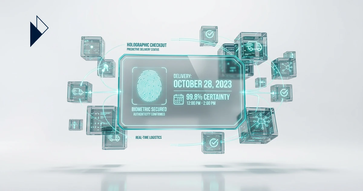 Teal glass cubes orbit a biometric screen in Checkout Optimization Playbook for Ecommerce 2026 | Parcel Perform.