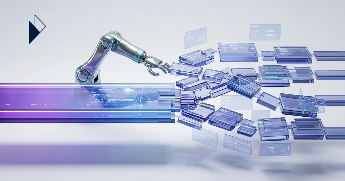 A robot arm sorts transparent data blocks from a glowing purple pipeline for 'Conversational Commerce: The Post-Purchase Auto