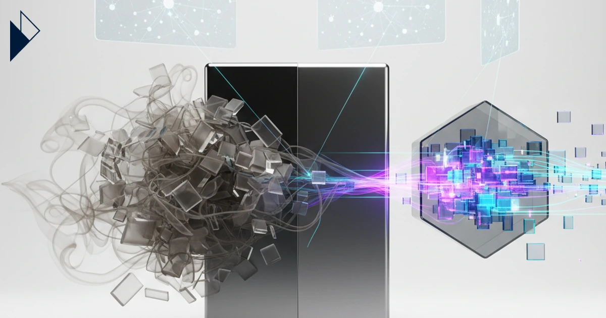 Chaotic gray cubes become glowing blue/purple elements, explaining Cross-Border Ecommerce: Why AI Ignores Your Brand in Europ