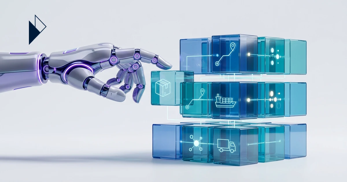 A robotic hand interacts with logistics data cubes illustrating Agentic Commerce: Why Logistics Data Decides If AI Agents Buy
