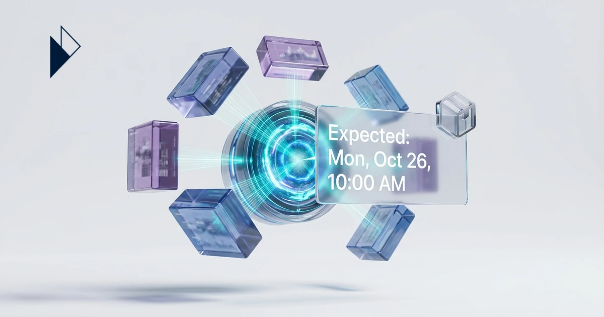 Blue core, cubes, a panel showing "Expected: Mon, Oct 26, 10:00 AM", Ecommerce AI Delivery Prediction: Accurate Promise Dates