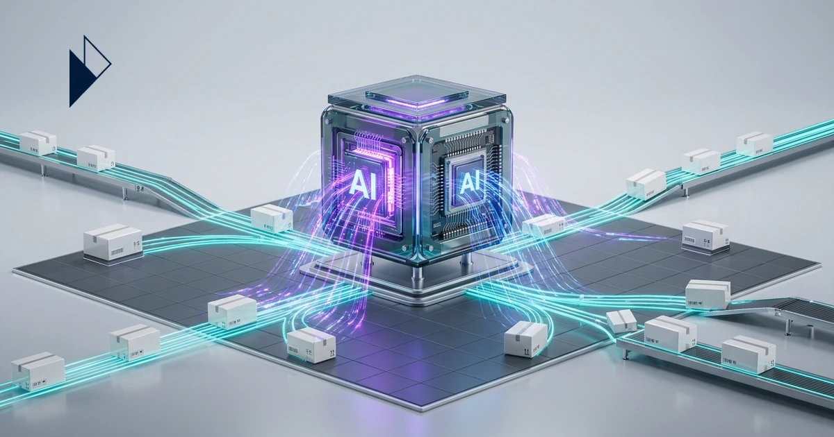A futuristic AI cube orchestrates white boxes on conveyor belts with glowing lines for AI Order Management: Predictive Routin