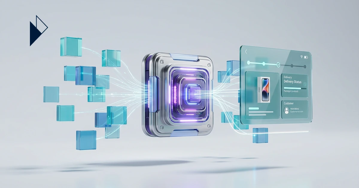 A central metallic, glowing cube processes data from floating blue cubes, connecting to a delivery status screen, illustratin
