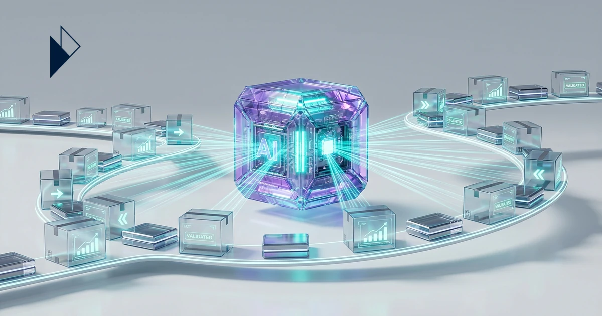 A central glowing AI cube processes clear boxes on a circular path, for Ecommerce AI Returns Management: Cut Reverse Logistic