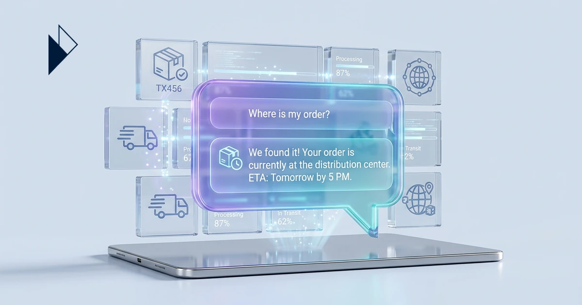 A silver tablet displays glowing digital elements and a chat bubble, demonstrating Ecommerce Conversational Commerce: AI Chat