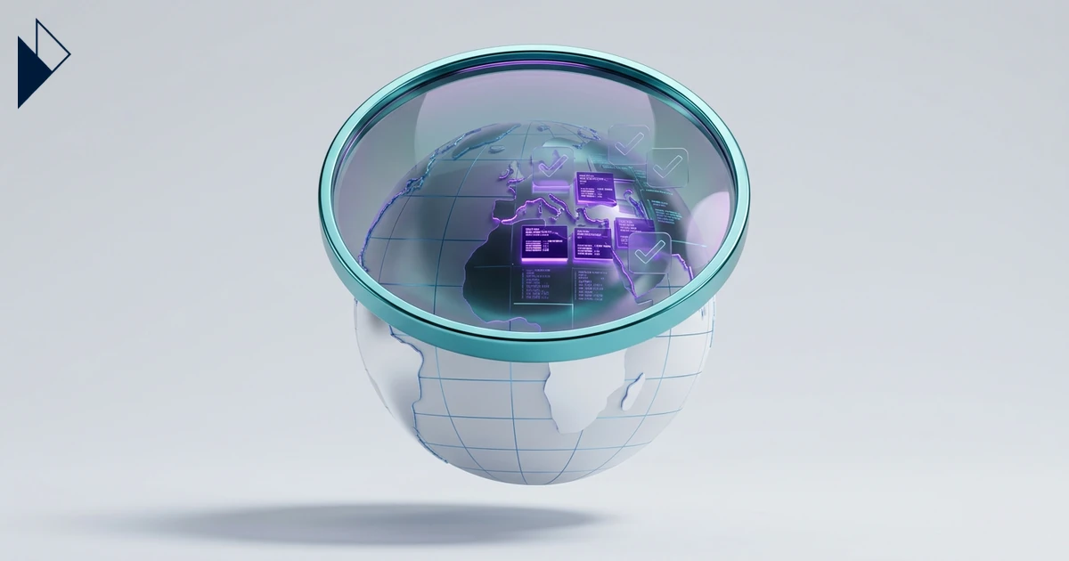 A teal lens over a globe reveals purple data for AI Search for Ecommerce: Why Lenses Beat Geography in Global Sales.