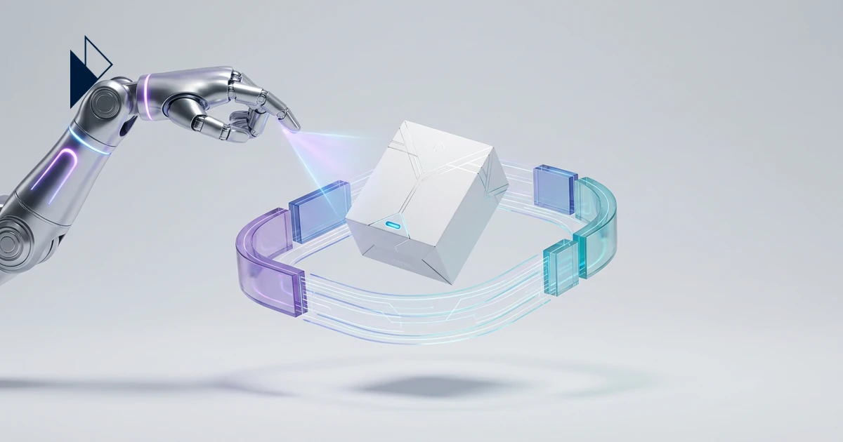 A silver robotic arm with purple glow scans a white box in a blue and purple data ring. Ecommerce Predictive Logistics: Stop 