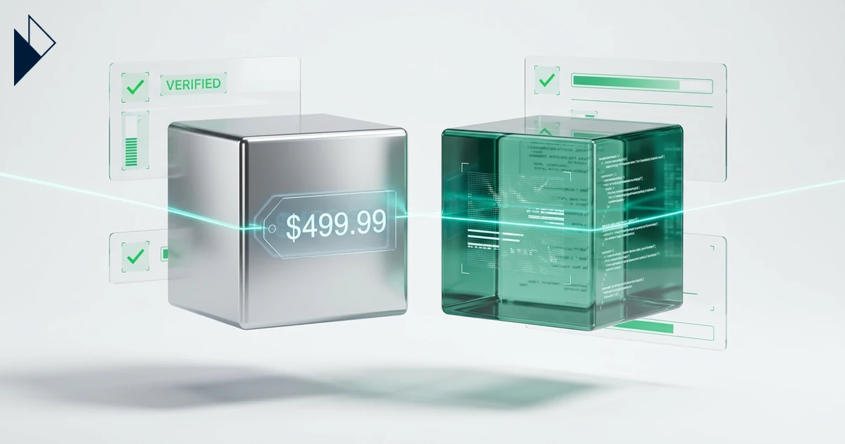 A $499.99 silver cube and green glass cube show AI Price Bias in Ecommerce: Why LLMs Ignore Sustainability Value.