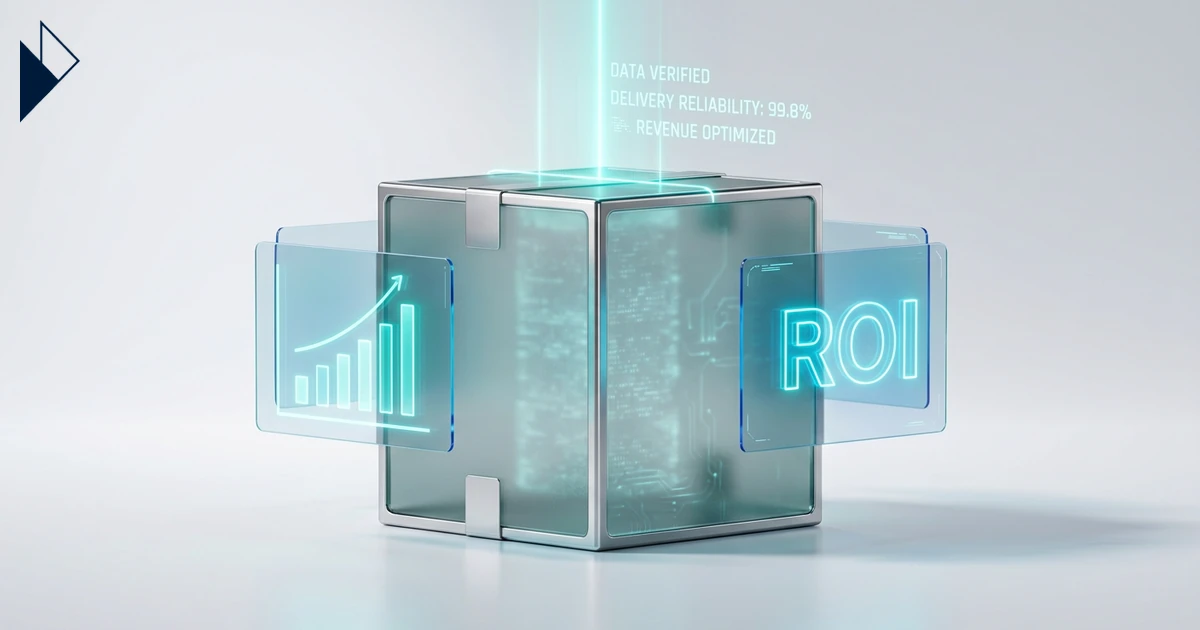 Teal holographic graphs orbit a glass cube for Ecommerce Zero-Click ROI: Proving AI Visibility Drives Revenue.