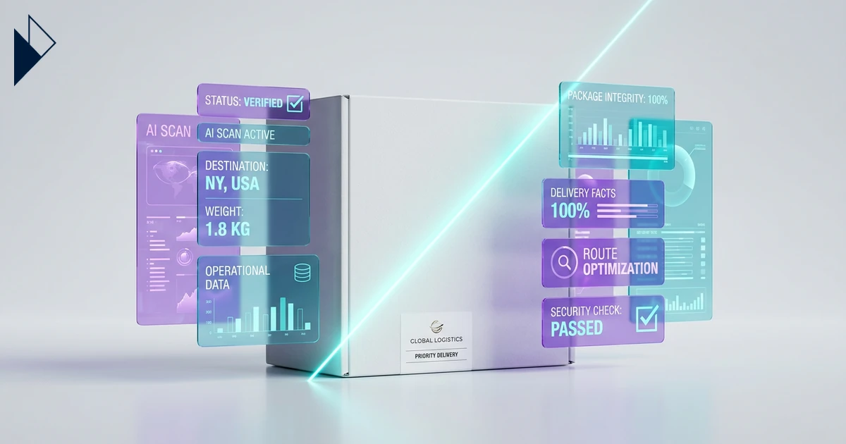 Blue and purple data panels float around a white box for AI Commerce Visibility: Why Generic Tools Fail Ecommerce Leaders.