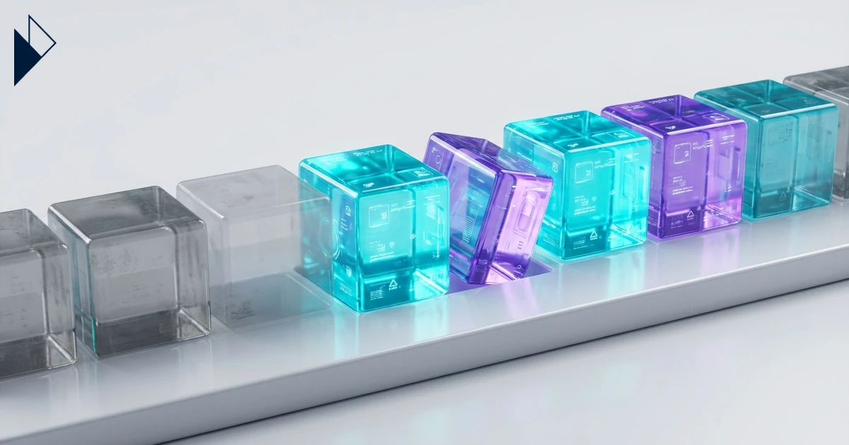Glowing cyan and purple cubes line a white shelf, fixing AI Hallucinations: Overwriting Brand Reputation in LLMs.