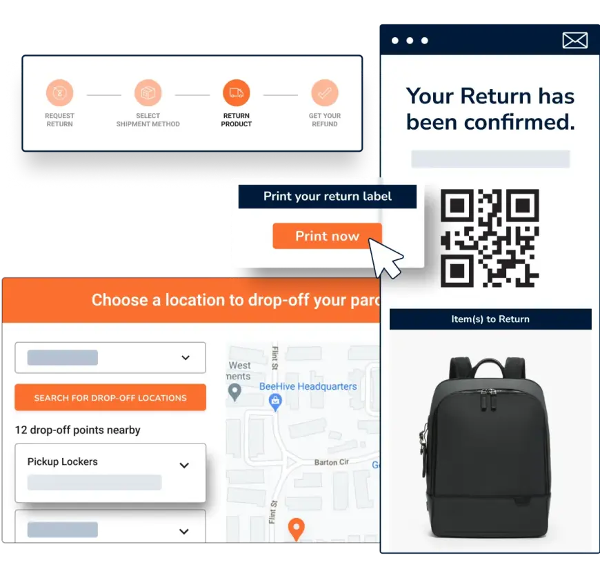 Parcel Perform e-commerce return confirmation message with a button to print the return QR code label and a parcel tracking map.