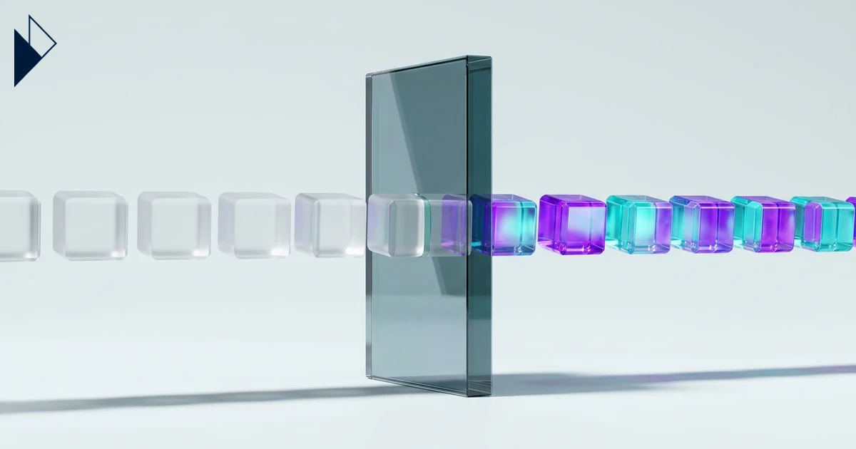 White cubes pass through a glass pane and turn purple and teal to fix the GA4 AI attribution gap.