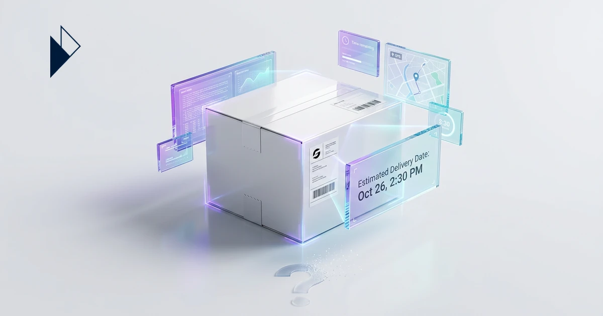 A white box is surrounded by glowing holographic screens displaying AI Delivery Prediction to cut WISMO Tickets in E-commerce