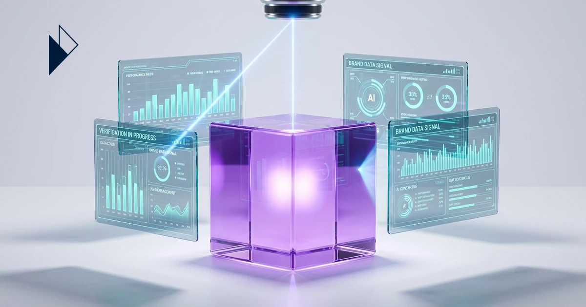 Light hits a glowing purple cube near graphs on how AI models decide which e-commerce brands to recommend.