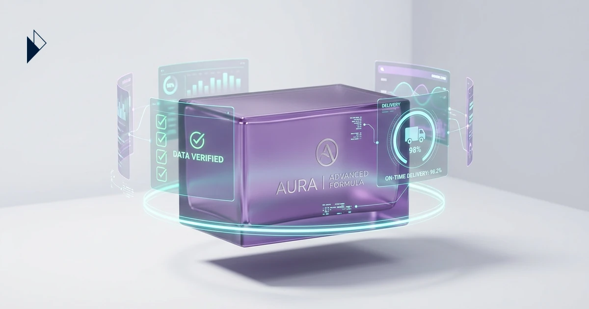 Teal holograms orbit a floating purple box showing How AI Product Recommendations Reshape Ecommerce Discovery.