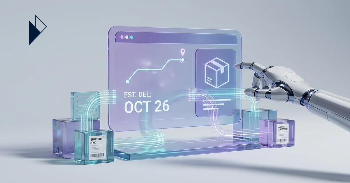 A robot hand touches a screen with Oct 26 package data and connected glass boxes, How Logistics Data Drives Conversational Co