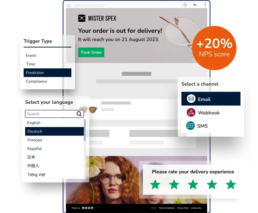 Parcel Perform email notification template for Mister Spex showing an ecommerce order that is out for delivery, with options to select notification trigger type, channel and language.