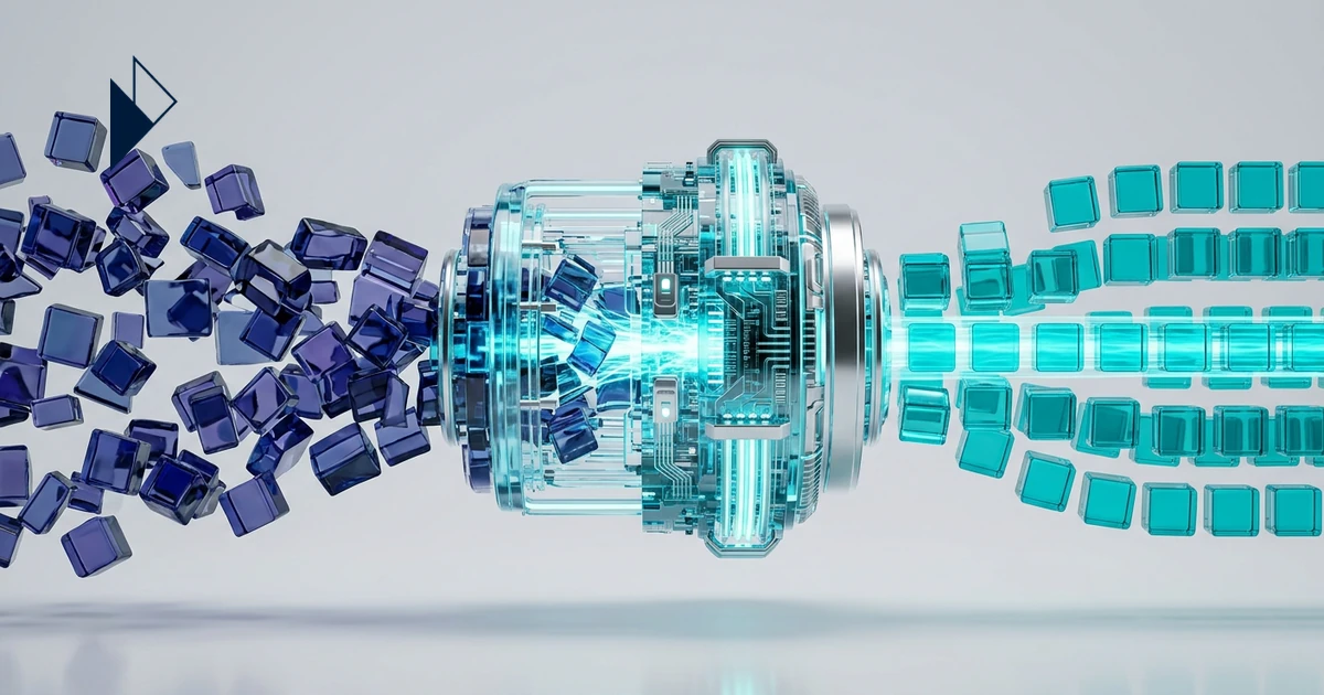 Purple cubes flow into a blue machine, exiting as teal cubes, depicting Model Context Protocol: Agent-Ready E-commerce Logist