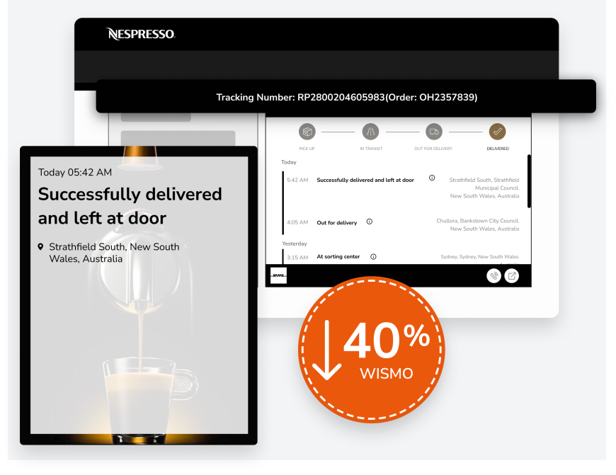 Parcel Perform customer Nespresso custom tracking page showing a successful delivery example