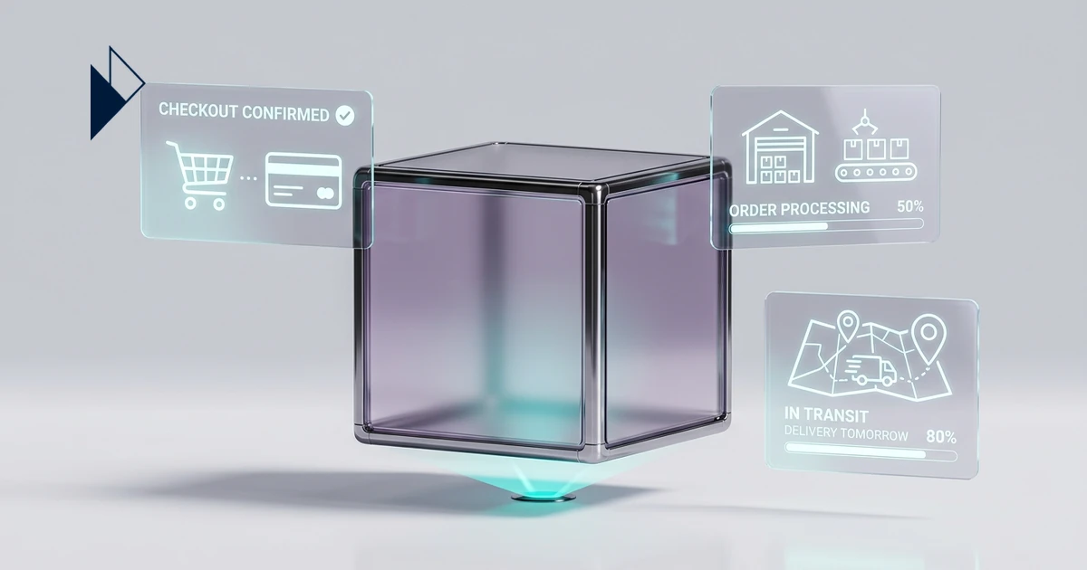 Digital panels for Post-Purchase Behavior: Why Customers Buy Again (or Don't) orbit a floating purple glass cube.