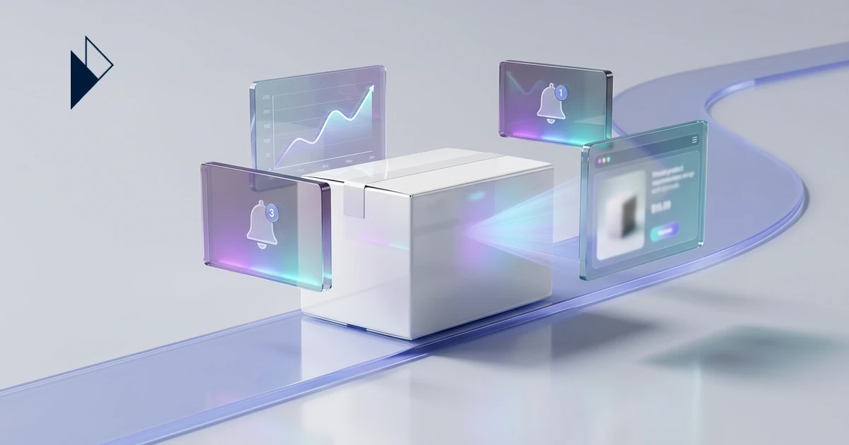 A white package on a blue translucent path, surrounded by clear screens with data, for Post-Purchase Marketing Strategies for