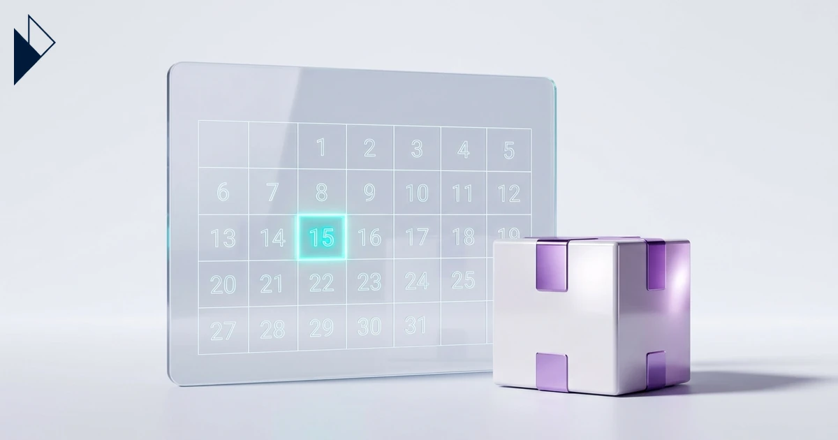 Abstract 3D visualization of a calendar with a single highlighted date converging with structured data flows — e-commerce delivery precision article.