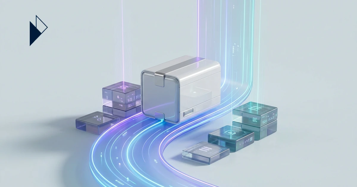 A central white package, glowing blue/purple data streams, and clear modules visualize Predictive Logistics: AI Turns Carrier