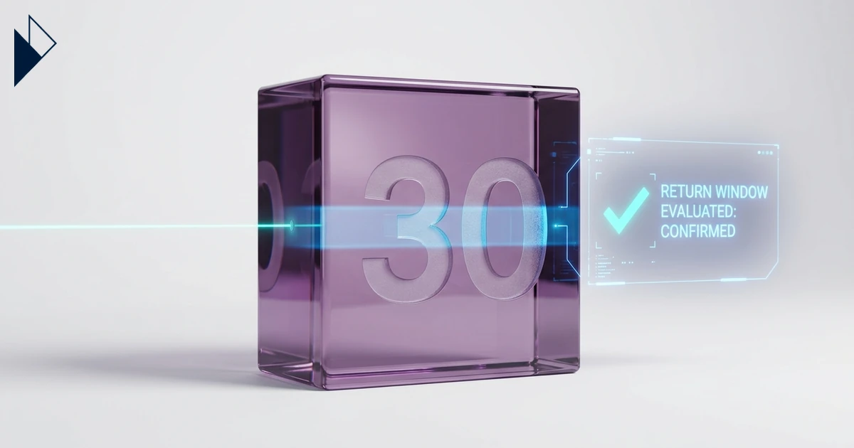 Purple glass cube with 30 and E-commerce Return Windows: Marketing Lever or Logistics Cost? confirmed on a digital screen.