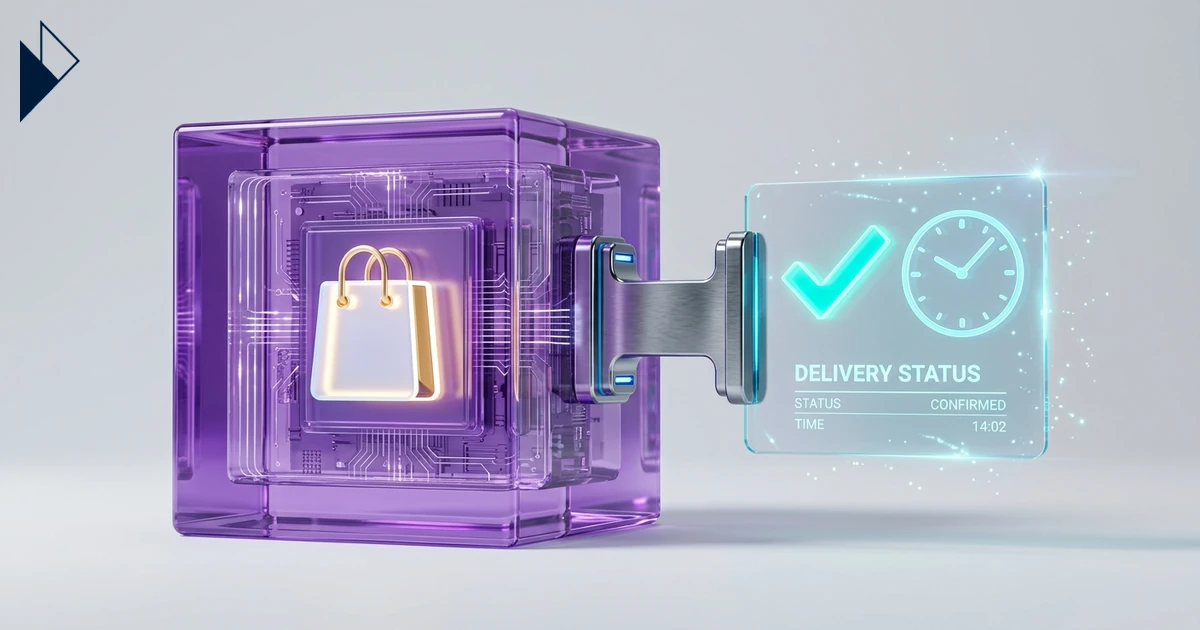 Purple cube with shopping bag and teal delivery display for Schema for AI Agents: Building Relational Entities in E-Commerce.