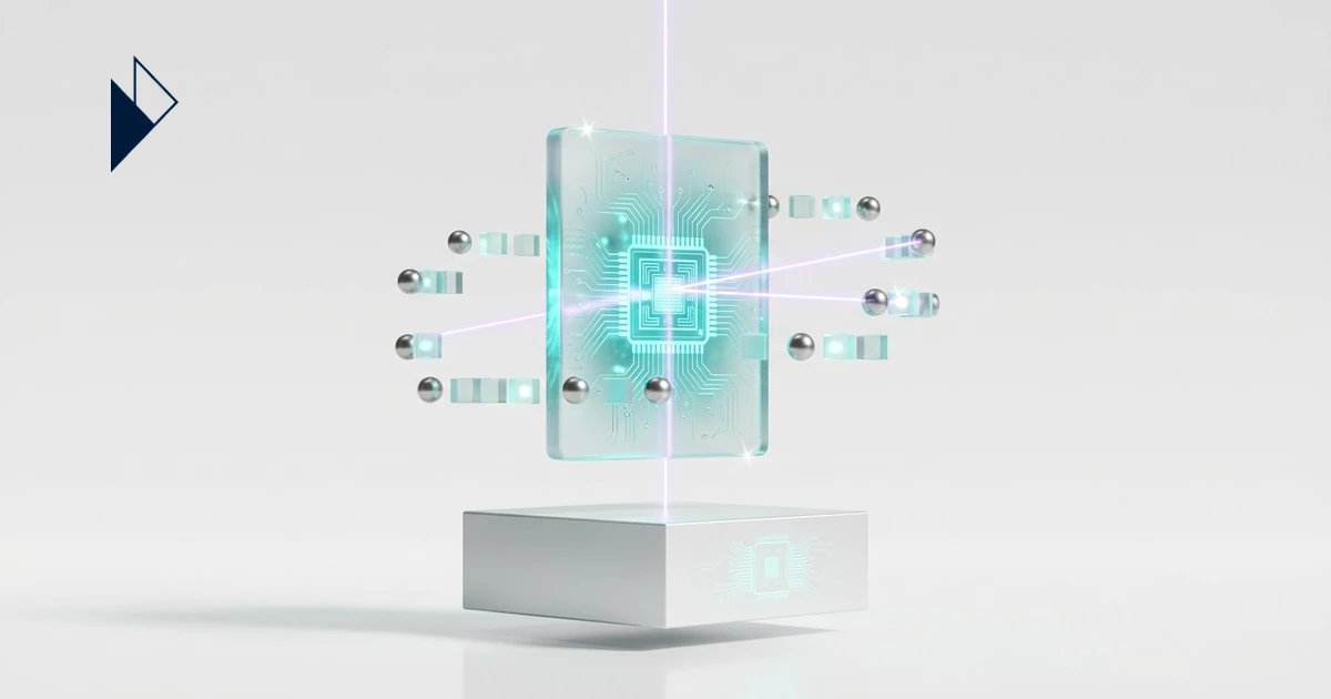 A glowing teal microchip floats with silver spheres in Stripe & OpenAI Agentic Checkout: A Guide for E-commerce Leaders.
