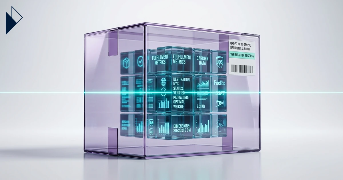 A teal beam scans glowing blue cubes in a purple cube showing Unified Carrier Data: The Key to Ecommerce AI Search Rankings.