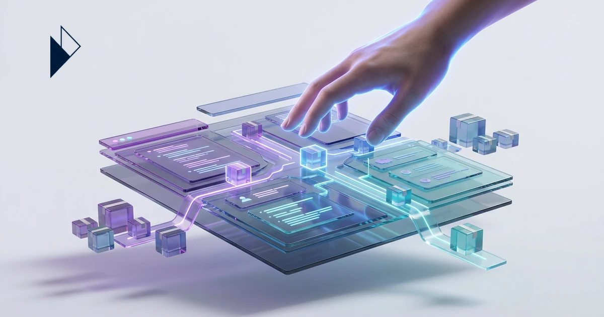 A glowing hand on transparent data modules embodies "When AI Selects Your Carriers: Regaining Control in Ecommerce Ops."