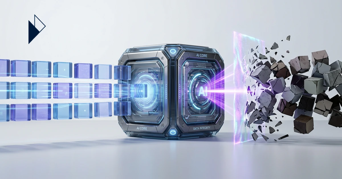 Blue data cubes enter an AI core, whose output beam shatters blocks, illustrating Why AI Order Management Lives or Dies on Lo