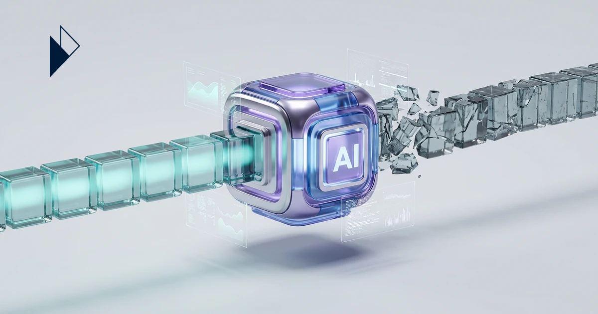 Glowing data blocks enter a metallic AI cube, exiting as shattered pieces with charts, showing Why AI Personalization Logisti