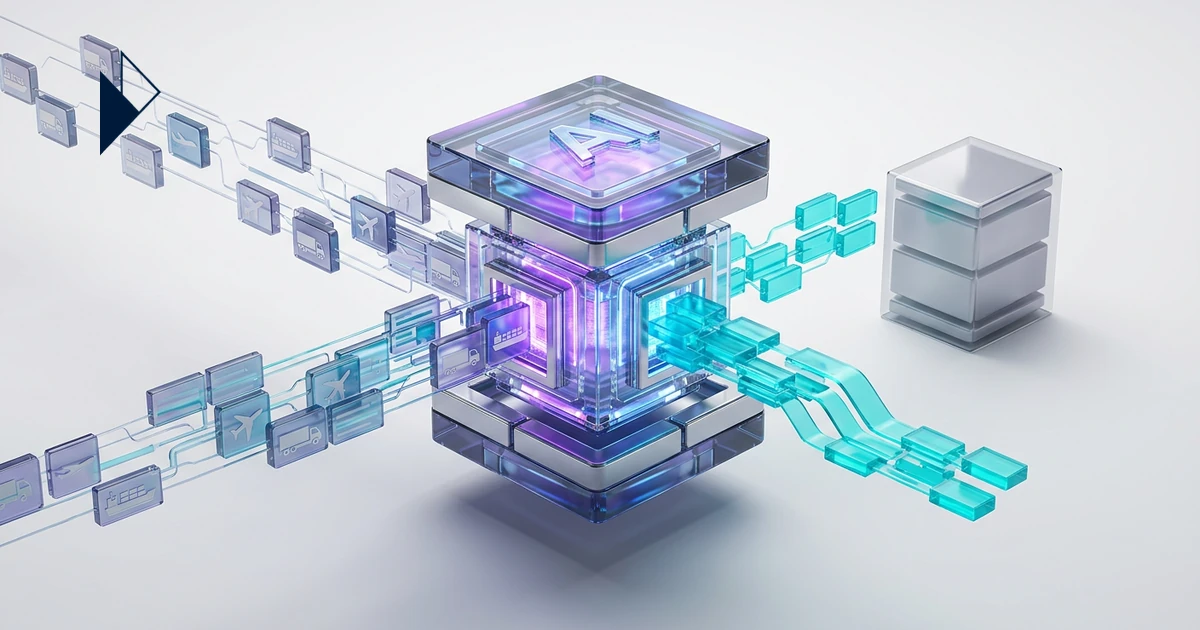 Translucent AI cube processes colorful incoming carrier data icons, outputting blue data streams to a server. Why AI Returns