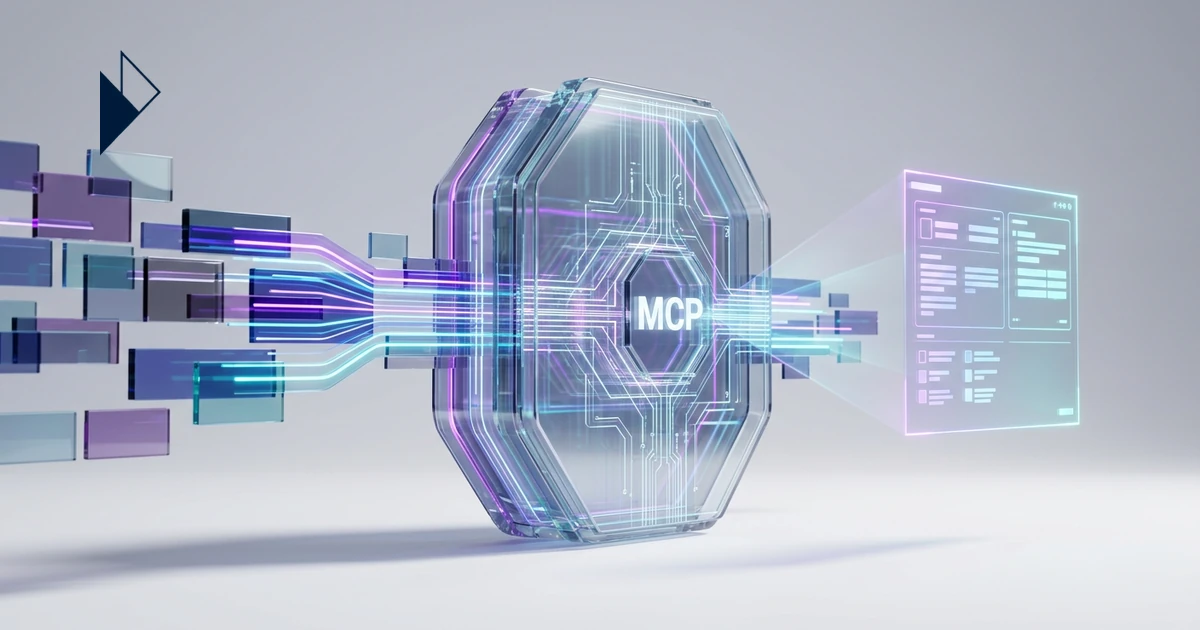 Why E-commerce Brands Need an MCP Layer for AI Shopping Agents: A central 'MCP' core processes glowing data to a UI screen.