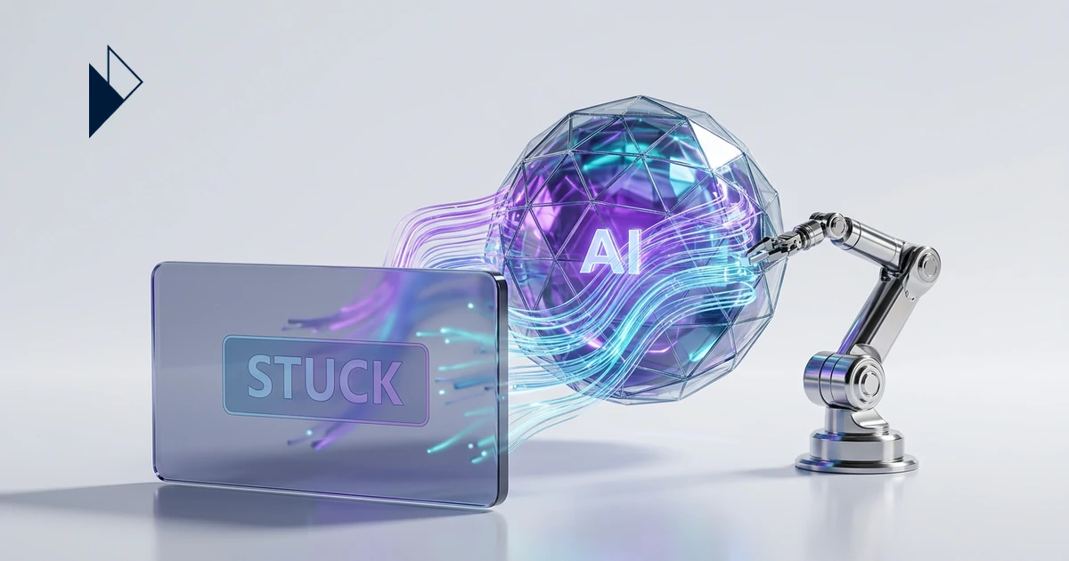 A robotic arm connects a glowing AI sphere and a translucent panel displaying "STUCK," for Predictive Logistics vs Real-Time