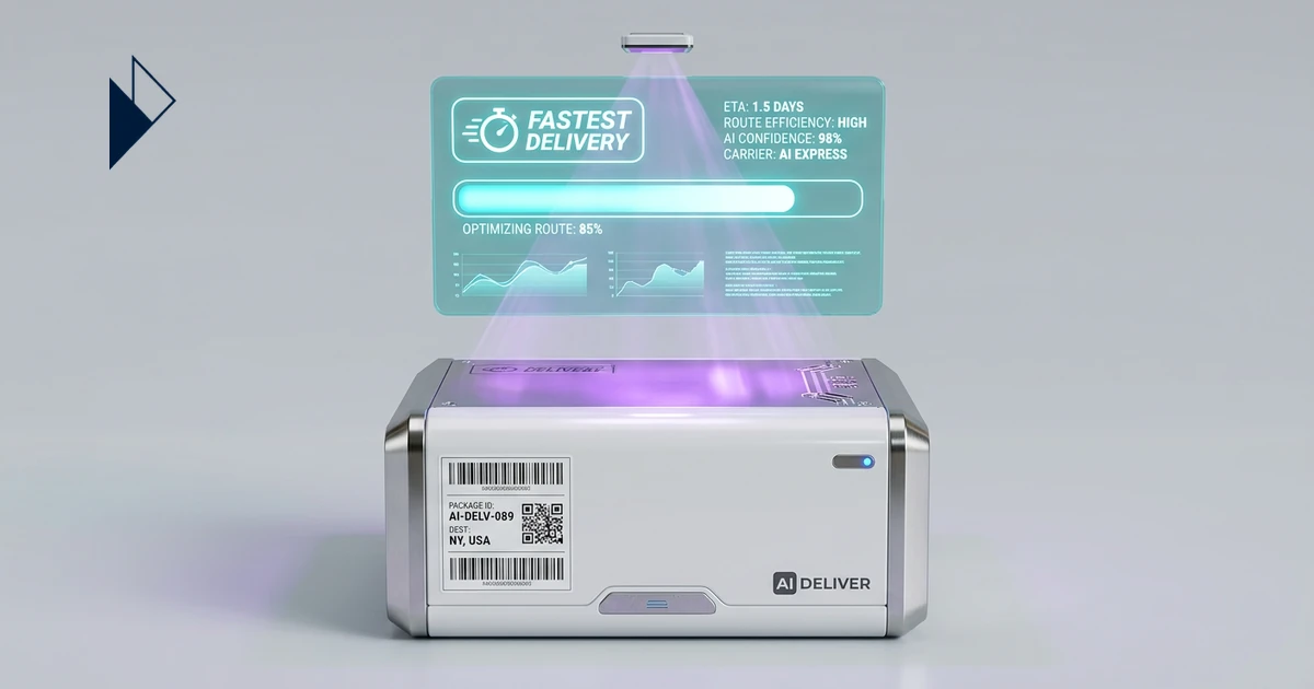 A purple card, clock, and calendar show Winning AI Search: Fast Shipping Optimization for Ecommerce with a teal checkmark.