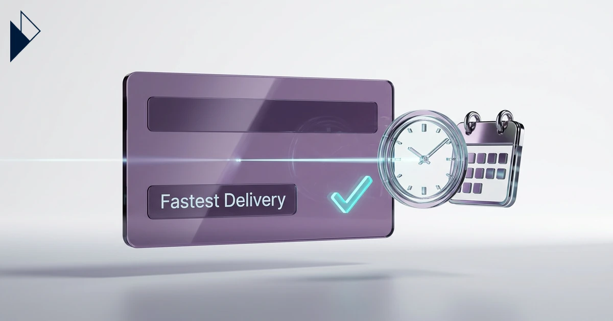 A purple card, clock, and calendar show Winning AI Search: Fast Shipping Optimization for Ecommerce with a teal checkmark.